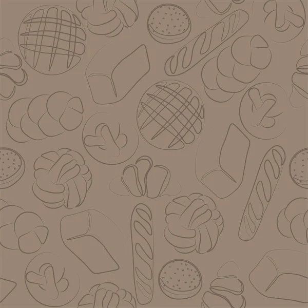 빵, 빵, 바게트 및 그 밖의 포장, 라벨 또는 서명을 위한 패스 트리 의 Trendy vector pattern for bakery 또는 caff.Illustrations of buns, bread, baguette 및 기타 패스 트리. — 스톡 벡터