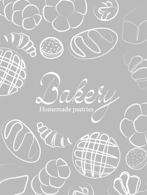 Fırın ya da kafe için modaya uygun vektör tasarımı. Ekmek, ekmek, baget ve ambalaj, etiket ya da imza için diğer hamur işleri. Afiş, el ilanı ya da menüler için yiyecek çizelgesi..