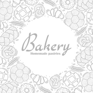 Fırın ya da kafe için modaya uygun vektör tasarımı. Ekmek, ekmek, baget ve ambalaj, etiket ya da imza için diğer hamur işleri. Afiş, el ilanı ya da menüler için yiyecek çizelgesi..