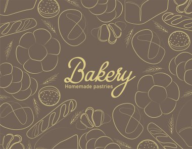 Fırın ya da kafe için modaya uygun vektör tasarımı. Ekmek, ekmek, baget ve ambalaj, etiket ya da imza için diğer hamur işleri. Afiş, el ilanı ya da menüler için yiyecek çizelgesi..