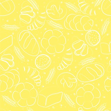 Fırın ya da kafe için modaya uygun vektör şablonu. Paketleme, etiketleme ya da imzalama için çörek, ekmek, baget ve diğer hamur işleri. Afiş, el ilanı ya da menü için yiyeceklerin çizgi çizimi