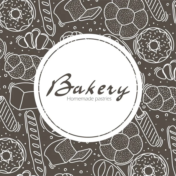 Trendy vector design for bakery or cafe.Illustrations of buns, bread,baguette, and other pastries for packaging, labels,or signage.Line art illustration of food for banner,flyer or menu.Lettering. — Stock Vector