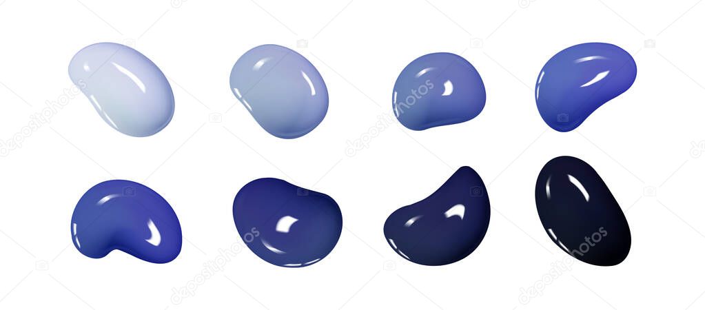 Realistic vector 3D shapes isolated on white background. Set of glossy multicolored drops of paint or varnish