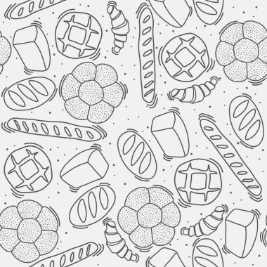 Fırın ya da kafe için modaya uygun vektör şablonu. Paketleme, etiketleme ya da imzalama için çörek, ekmek, baget ve diğer hamur işleri. Afiş, el ilanı ya da menü için yiyeceklerin çizgi çizimi