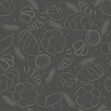 Fırın ya da kafe için modaya uygun vektör şablonu. Paketleme, etiketleme ya da imzalama için çörek, ekmek, baget ve diğer hamur işleri. Afiş, el ilanı ya da menü için yiyeceklerin çizgi çizimi