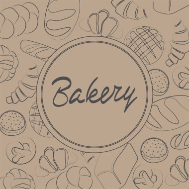 Fırın ya da kafe için modaya uygun vektör tasarımı. Ekmek, ekmek, baget ve ambalaj, etiket ya da imza için diğer hamur işleri. Afiş, el ilanı ya da menüler için yiyecek çizelgesi..