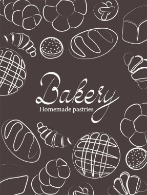 Fırın ya da kafe için modaya uygun vektör tasarımı. Ekmek, ekmek, baget ve ambalaj, etiket ya da imza için diğer hamur işleri. Afiş, el ilanı ya da menüler için yiyecek çizelgesi..