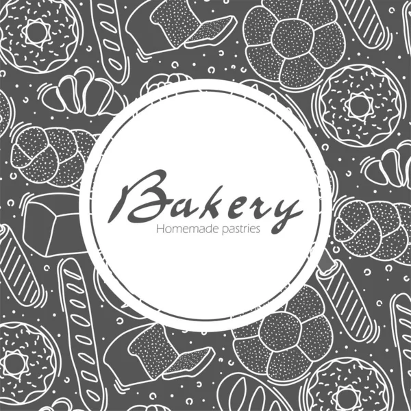 Trendy vector design for bakery or cafe.Illustrations of buns, bread,baguette, and other pastries for packaging, labels,or signage.Line art illustration of food for banner,flyer or menu.Lettering. — Stock Vector