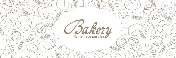 Trendy Vector horizontal background for bakery or cafe.Illustrations of buns,bread,baguette,and other pastries for packaging,labels,or signage.Line Art of food for banner, flyer or menu.Lettering — Stock Vector