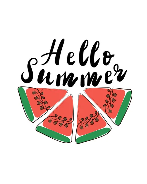 Vettore estate succosa anguria isolato su sfondo bianco. Lettering ciao estate. Linearte colorato per il tuo design. — Vettoriale Stock