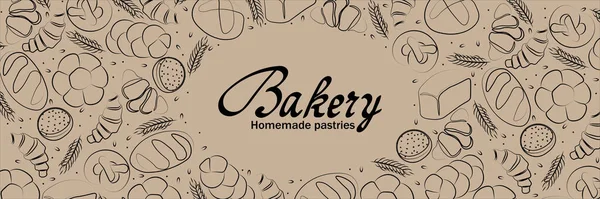 Trendy Vector horizontaler Hintergrund für Bäckerei oder Café. Illustrationen von Brötchen, Brot, Baguette und anderem Gebäck für Verpackungen, Etiketten oder Signaturen.Zeilenkunst von Lebensmitteln für Banner, Flyer oder Menü.Schriftzug — Stockvektor