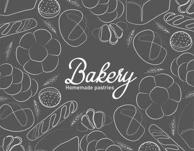Fırın ya da kafe için modaya uygun vektör tasarımı. Ekmek, ekmek, baget ve ambalaj, etiket ya da imza için diğer hamur işleri. Afiş, el ilanı ya da menüler için yiyecek çizelgesi..