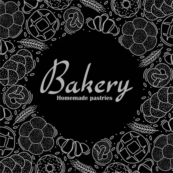 Trendy vector design for bakery or cafe.Illustrations of buns, bread,baguette, and other pastries for packaging, labels,or signage.Line art illustration of food for banner,flyer or menu.Lettering. — Stock Vector