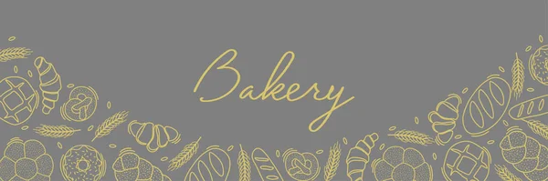 Trendy Vector horizontal background for bakery or cafe.Illustrations of buns,bread,baguette,and other pastries for packaging,labels,or signage.Line Art of food for banner, flyer or menu.Lettering — Stock Vector