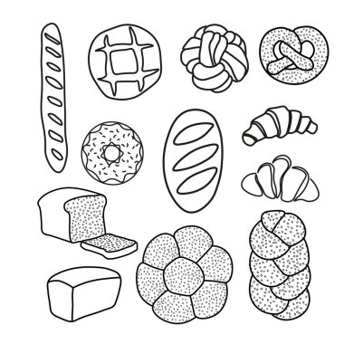 Fırın veya kafe için modaya uygun vektör belirlendi. Paketleme, etiketleme veya imzalama için çörekler, ekmek, baget ve diğer hamur işleri. Bayrak, broşür veya menü için yiyecek çizelgesi.