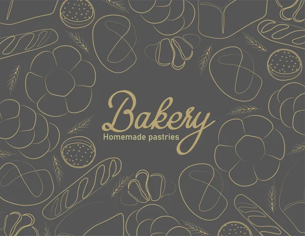 Fırın ya da kafe için modaya uygun vektör tasarımı. Ekmek, ekmek, baget ve ambalaj, etiket ya da imza için diğer hamur işleri. Afiş, el ilanı ya da menüler için yiyecek çizelgesi..