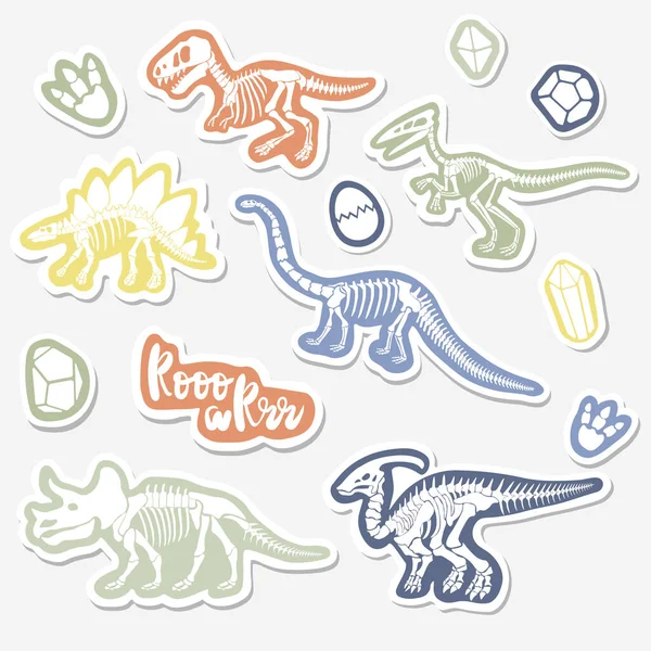 Vektor klistermärke set med dinosaurie skelett isolerad på en vit bakgrund. — Stock vektor
