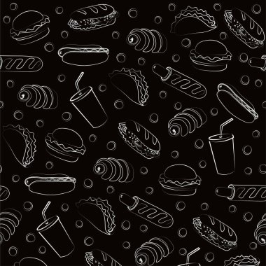 Kafe için modaya uygun Fast Food modeli. Fast Food eşyaları ve sembolleri seti. Pankart, broşür veya menü için yiyecek çizimi.