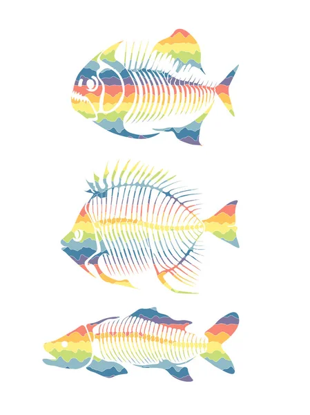 Vector Setwith Rainbow Fish Skeleton Isolated White Background Original Design — Vector de stock