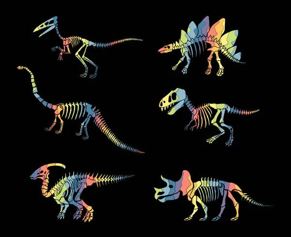 Vector Set Rainbow Dinosaur Skeleton Isolated Black Background Original Design — Wektor stockowy