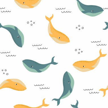 Vector seamless pattern with whale.Underwater cartoon creatures.Marine background.Cute ocean pattern for fabric, childrens clothing,textiles,wrapping paper.