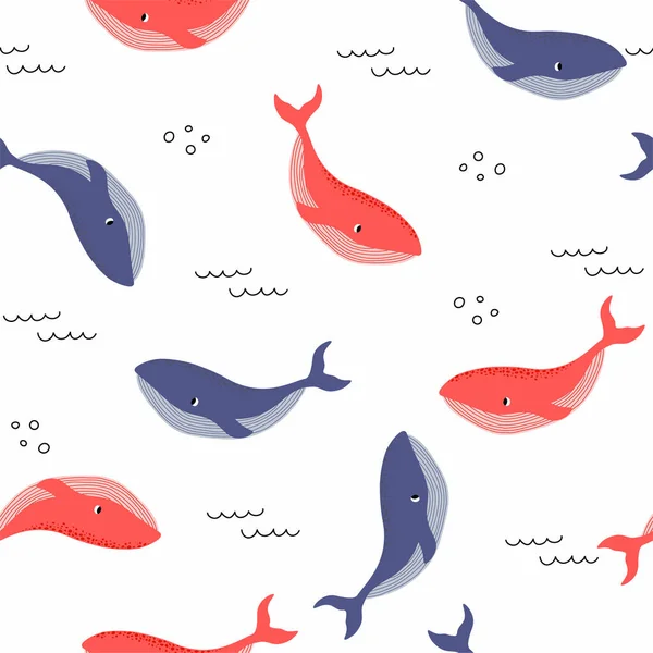 Vector Seamless Pattern Whale Underwater Cartoon Creatures Marine Background Cute — ストックベクタ