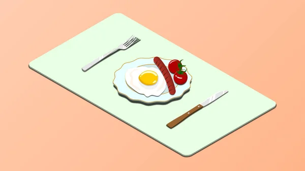 Huevos Revueltos Plato Con Salchicha Tomate Cherry Tenedor Cuchillo Concepto — Vector de stock