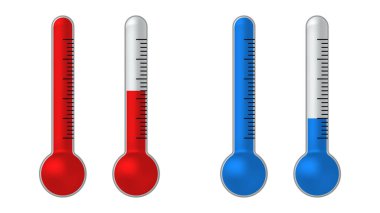 Termometreler Celsius ve Fahrenheit, beyaz arka planda kırmızı ve mavi. Vektör illüstrasyonu.