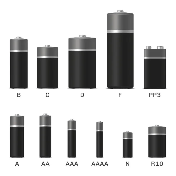Sada Realistických Baterií Typy Baterií Velikosti Aaa Aaaa R10 Pp3 — Stockový vektor