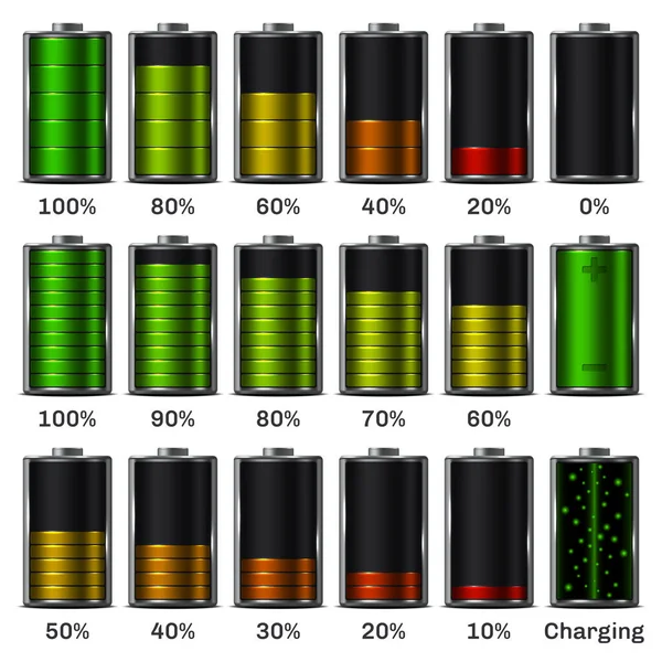 Set Battery Charge Level Indicators Objects Isolated White Background Battery — Stock Vector