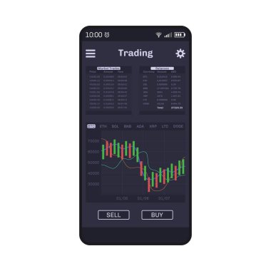 Akıllı telefon için kripto döviz uygulaması. Satış, alım, telefon ekranında şifreli para değişimi. Uygulama için düz arayüz. Vektör illüstrasyonu.