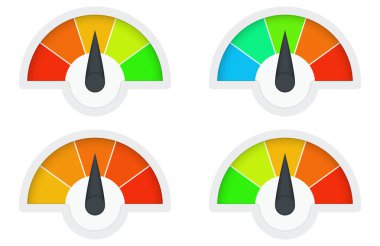 Çeşitli soyut ölçümler. Takometre, hız göstergesi, göstergeler, skor. Kırmızıdan yeşile, maviden kırmızıya, sarıdan kırmızıya, yeşilden kırmızıya.