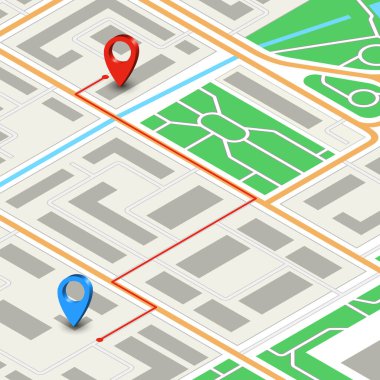 İzometrik projeksiyonla işaretler ve güzergahla detaylı şehir haritası. Vektör illüstrasyonu.