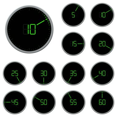 Yeşil sayılı siyah yuvarlak dijital zamanlayıcı. LED ölçeği. 5 'ten 60' a kadar. Vektör illüstrasyonu.