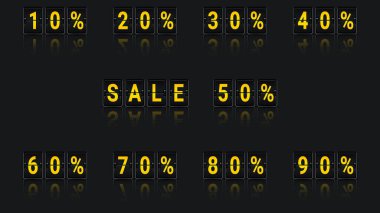 Mekanik skor tabelasında% 10 ila% 90 arası indirim var. Mağazalar ve pazarlar için şablon. Koyu arkaplanda yansıması olan bir pankart. Perakende ve ticaret etkinlikleri için dekor unsurları.