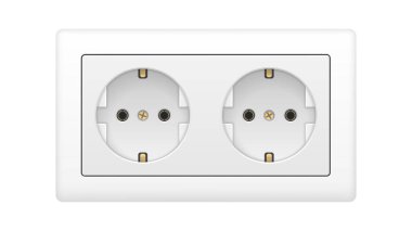 Beyaz arka planda gerçekçi, beyaz, çifte elektrik prizi. Vektör illüstrasyonu.