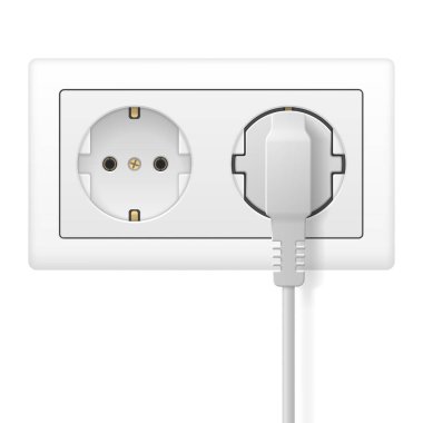 Gerçekçi beyaz fiş beyaz elektrik prizine takılır. Çift soket. Vektör illüstrasyonu.