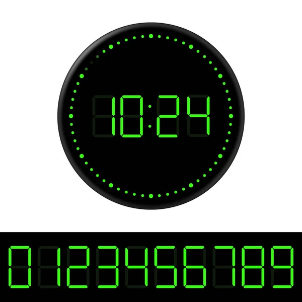 Черные Круглые Цифровые Часы Зелеными Номерами Светодиодная Набор Чисел Векторная — стоковый вектор