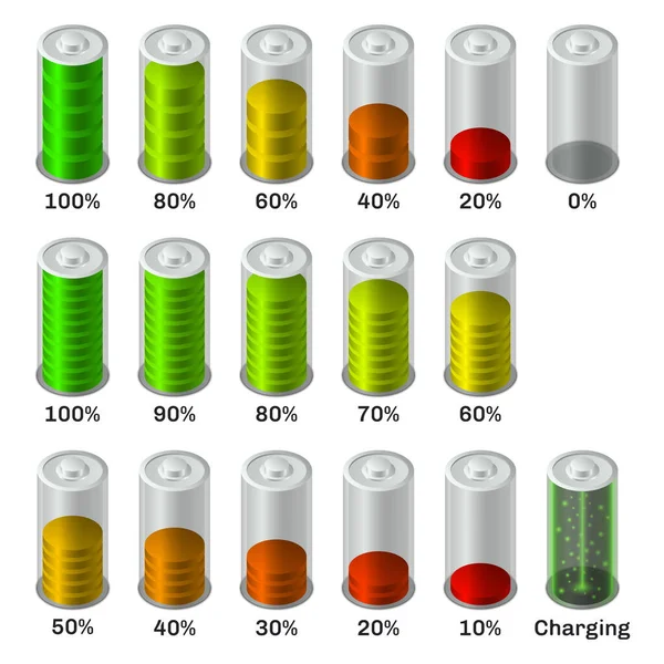 Sada Indikátorů Úrovně Nabití Baterie Izometrickém Zobrazení Objekty Jsou Izolovány — Stockový vektor