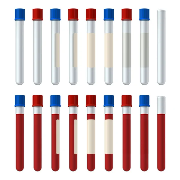 Set Blood Sample Containers Red Blue Cap Isolated White Background — Stock Vector
