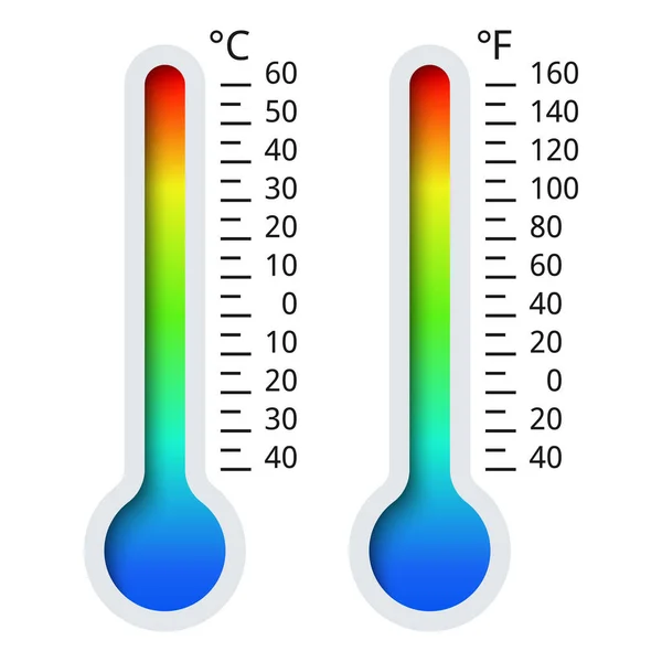 Hőmérők Celsius Fahrenheit Gradiens Skála Piros Kék Hőmérő Fehér Háttérrel — Stock Vector