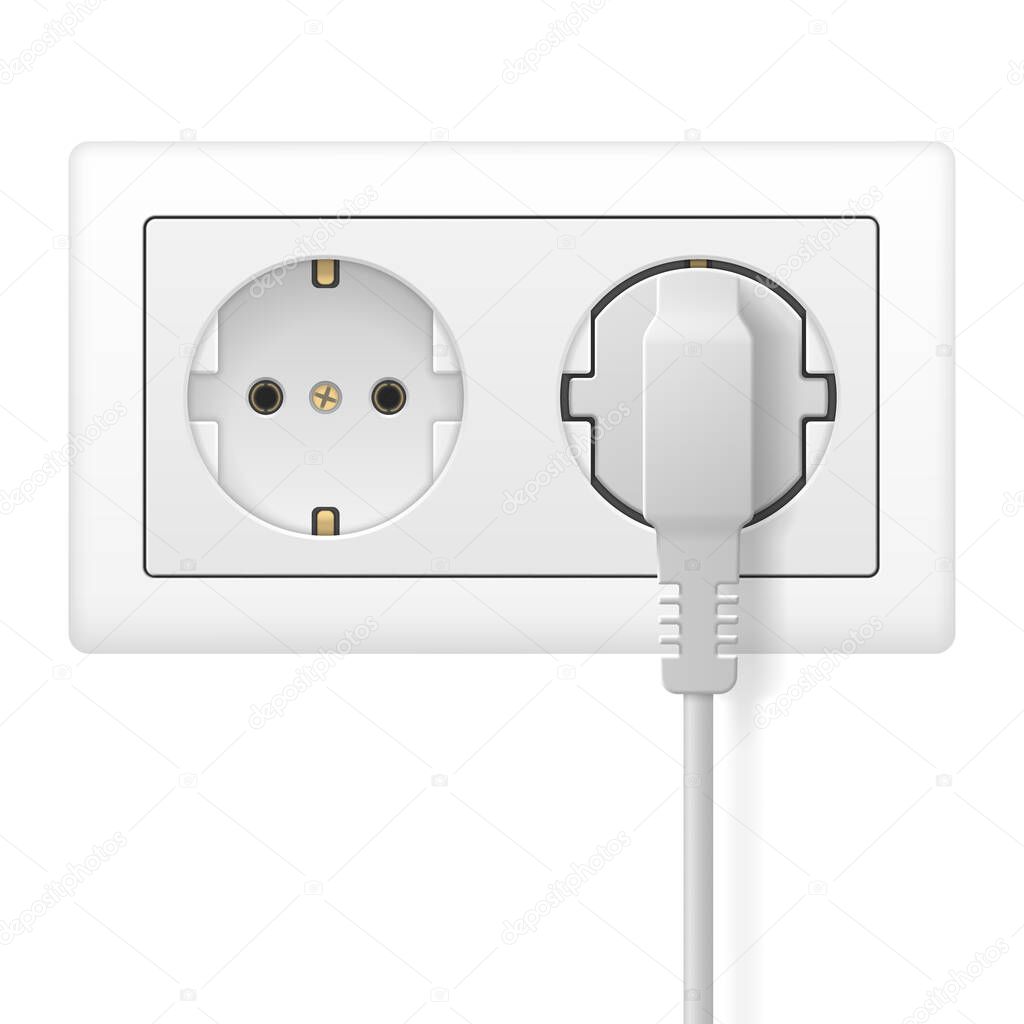 Realistic white plug is inserted into white electrical outlet. Double socket. Vector illustration.