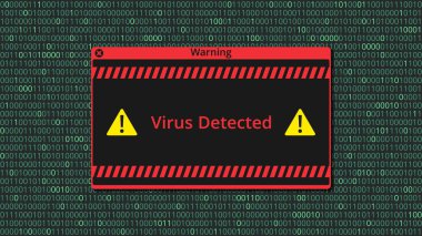 Bilgisayar virüslü ikili kodların arka planında uyarı mesajı. Virüs tespit edildi, uyarı mesajı. Vektör illüstrasyonu.