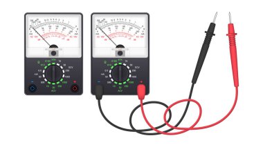 Sonda setiyle gerçekçi işaretleyici multimetre. Voltajı, akımı, direnci ölçmek için bir araç. Vektör illüstrasyonu.