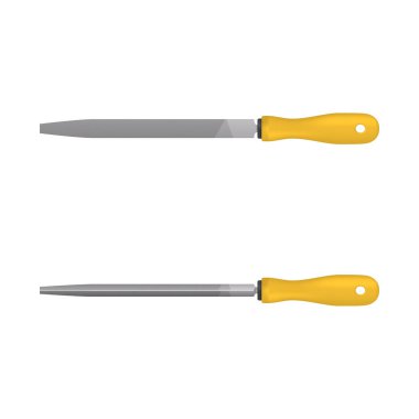 Metal için gerçekçi bir dosya. Dosya düz ve üçgen şekilli beyaz ekranda. Vektör illüstrasyonu.