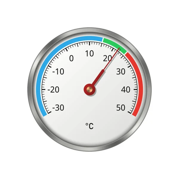 白色を背景にしたカラースケールの円形温度計 マイナス30からプラス50 Cの温度 ベクターイラスト — ストックベクタ