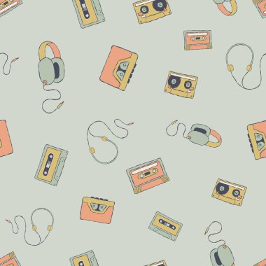 Vector nostaljik 80 'ler. Retro kaset, walkman ve kulaklıklar. Kumaş, duvar kağıdı, ambalaj kağıdı, koleksiyon kitabı projeleri için mükemmel..