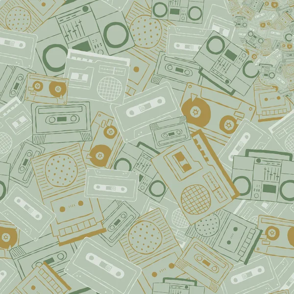 Vector nostalgic 80s 90s retro cassette tape, boombox, tape player, tape recorder seamless repeat pattern background. Perfect for fabric, wallpaper, wrapping paper, scrapbooking projects. — Stock Vector