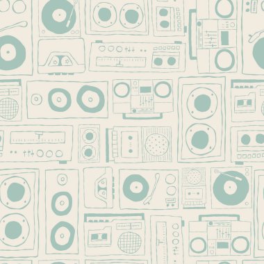 Vector nostaljik 80 'ler. Retro kaset çalar, stereo, hoparlörler, boombox, müzik çalar. Kumaş, duvar kağıdı, ambalaj kağıdı, koleksiyon kitabı projeleri için mükemmel..