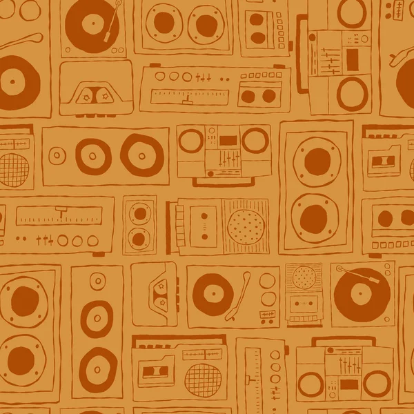 Vector nostalgic 80s 90s retro cassette tape player, stereo, speakers, boombox, music player seamless repeat pattern background. Perfect for fabric, wallpaper, wrapping paper, scrapbooking projects. — Stock Vector